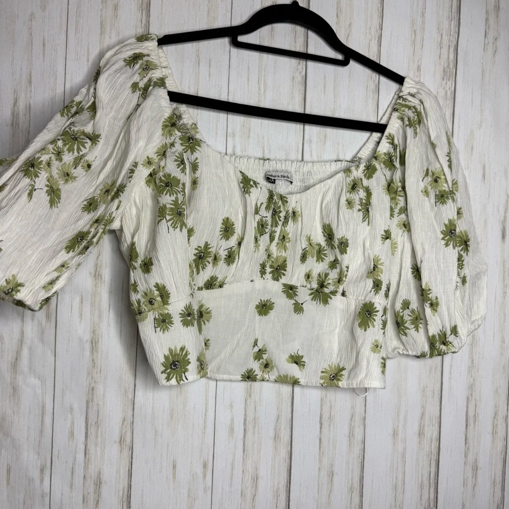 Abercrombie & Fitch Cream Floral Puff-Sleeve Crop Top XL